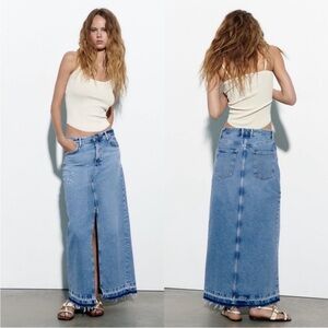 Zara TRF Long Denim Skirt Size S 100% Cotton High Rise Distressed Raw Hem Slit